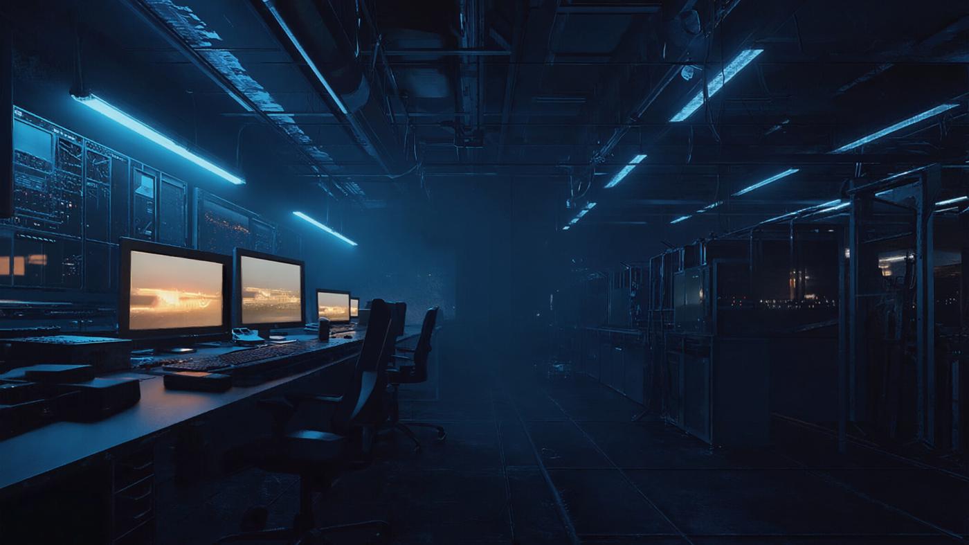 Dark operations room with glowing screens