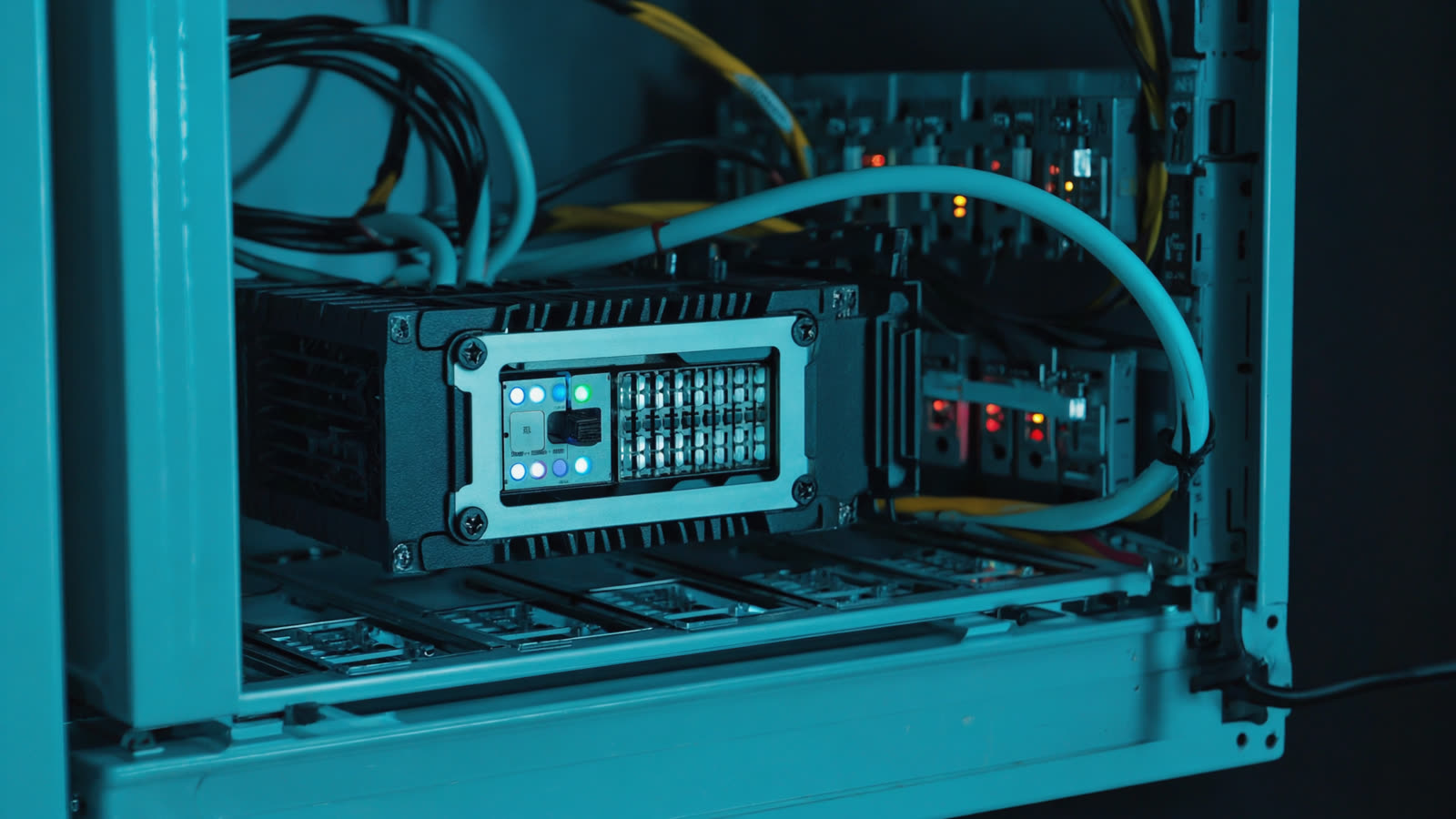Rugged edge computer with status lights mounted inside an electrical control cabinet