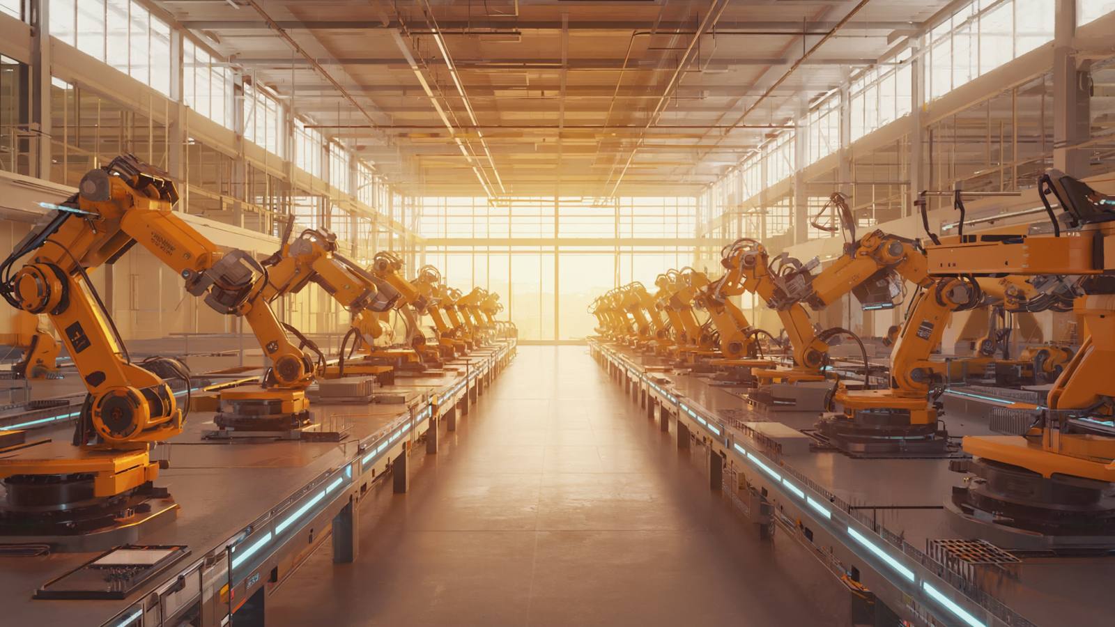 A vast factory hall at dawn, golden light on a quiet automated line