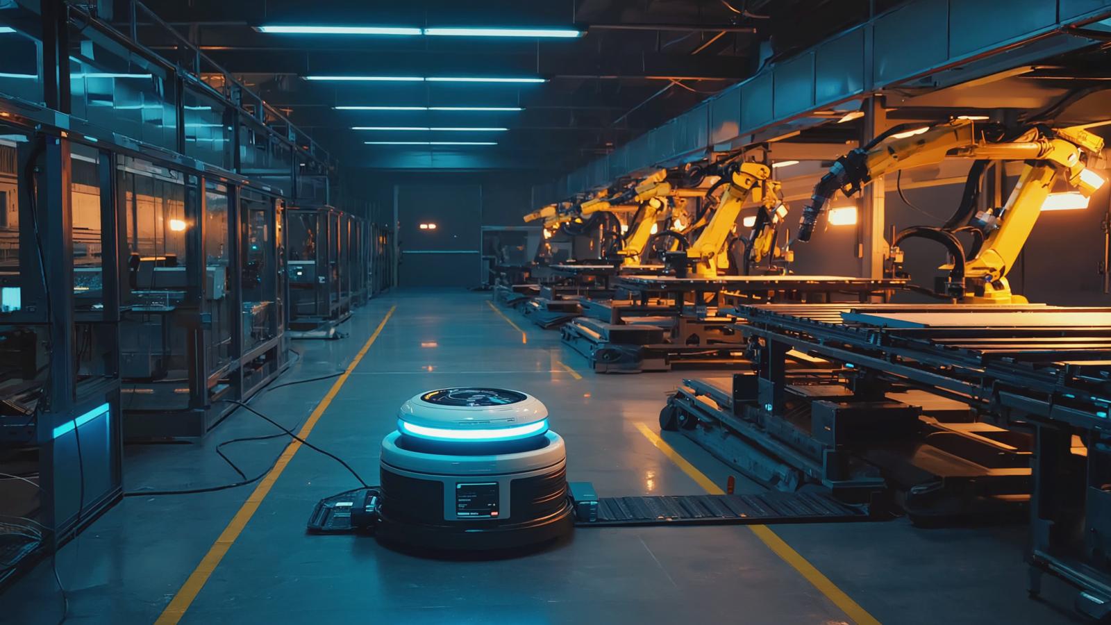 A factory aisle at night with robotic arms and a mobile robot