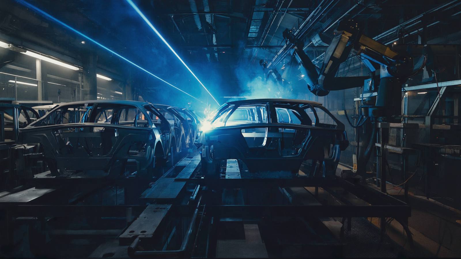 Robotic welding over car body shells at night