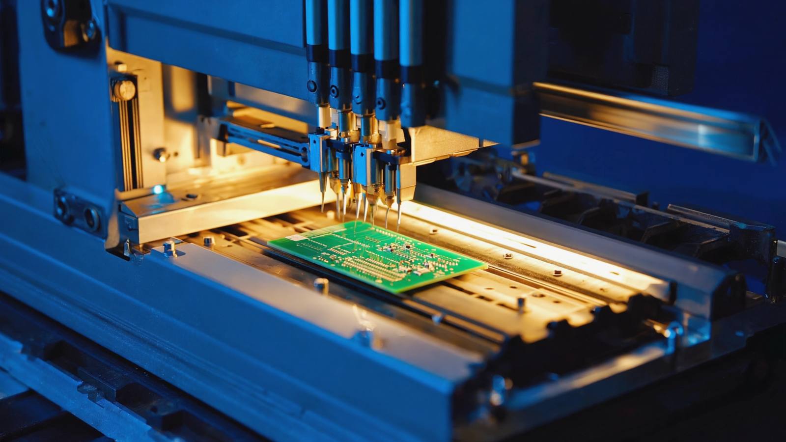 Precision electronics assembly line under cool light