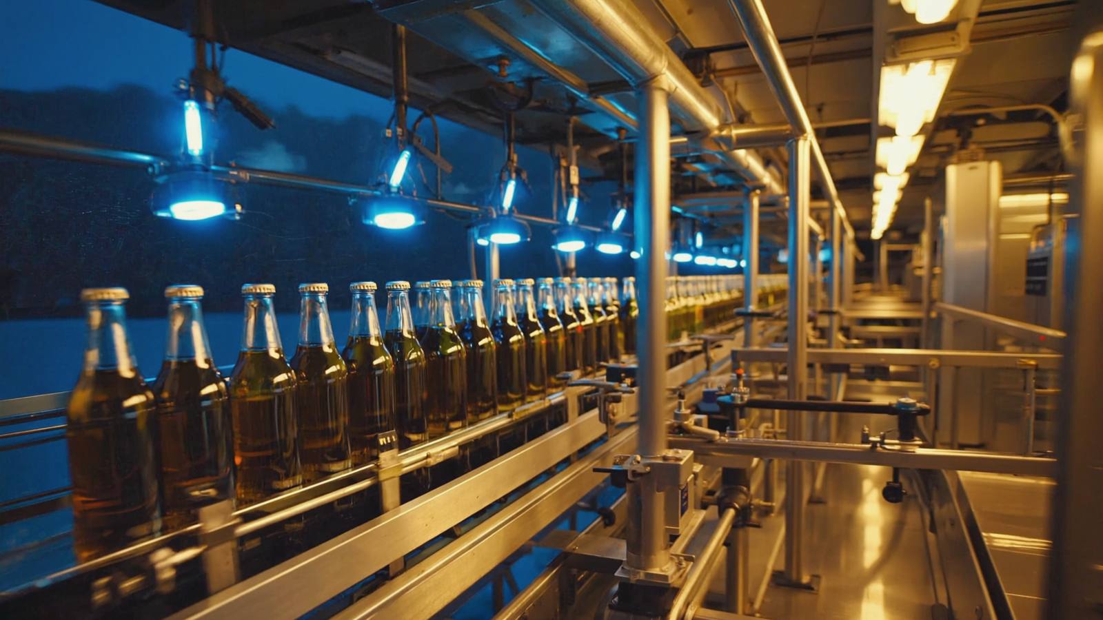High-speed bottling line under blue and tungsten light