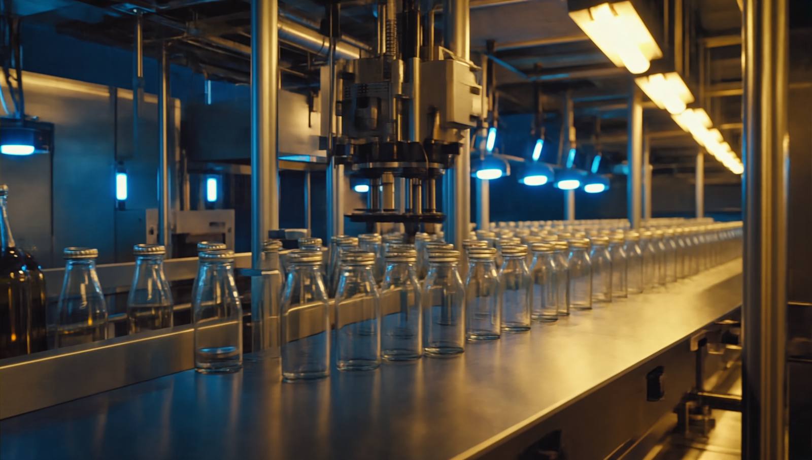 Sterile filling line with glass containers on stainless conveyor