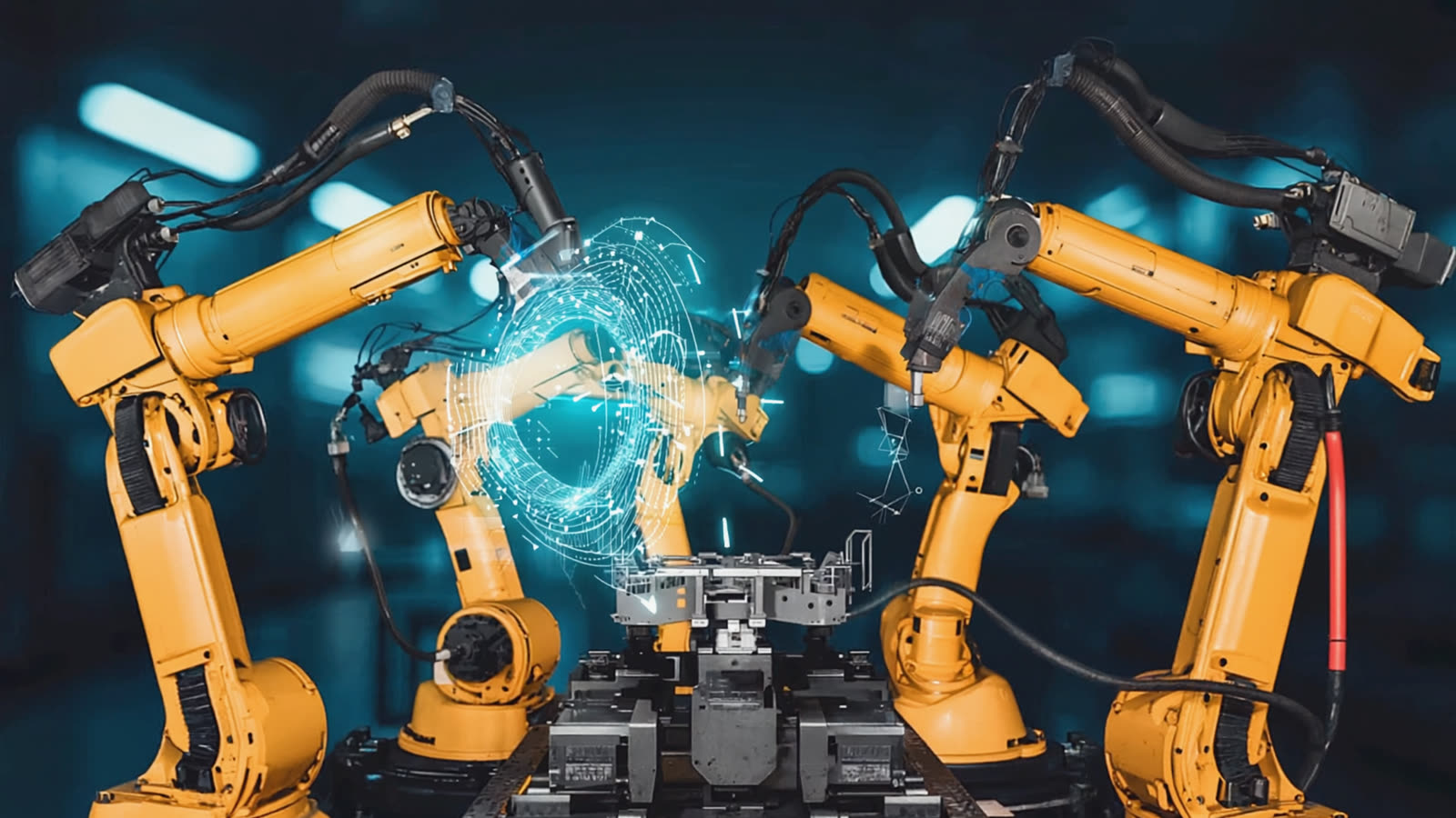 Robotic arms on a line with a holographic data ring around the working arm