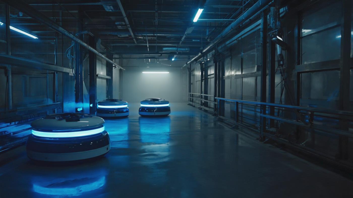 Autonomous mobile robots with glowing blue rings crossing a factory aisle