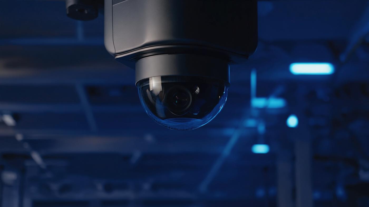 Industrial vision camera watching an assembly line at night