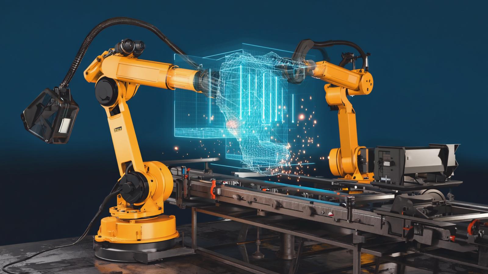 A robotic arm beside its glowing holographic wireframe twin