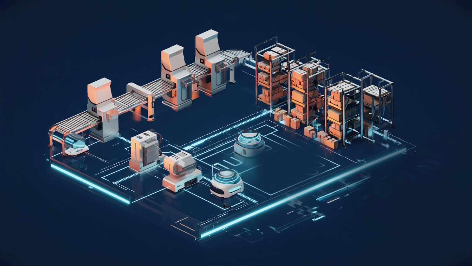 Isometric rendered miniature of a factory floor: five machines on a conveyor, stocked pallet racking, two mobile robots with glowing blue rings, glowing lane markings on a dark floor